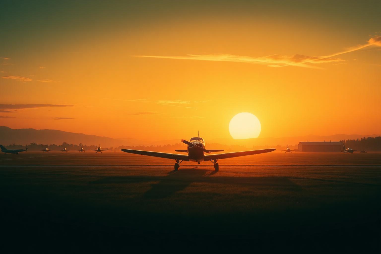Vintage aviation airfield at sunrise